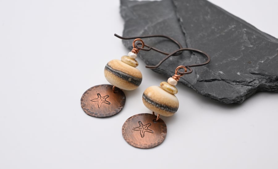 lampwork glass star fish copper earrings