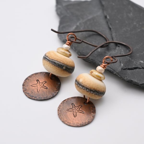 lampwork glass star fish copper earrings