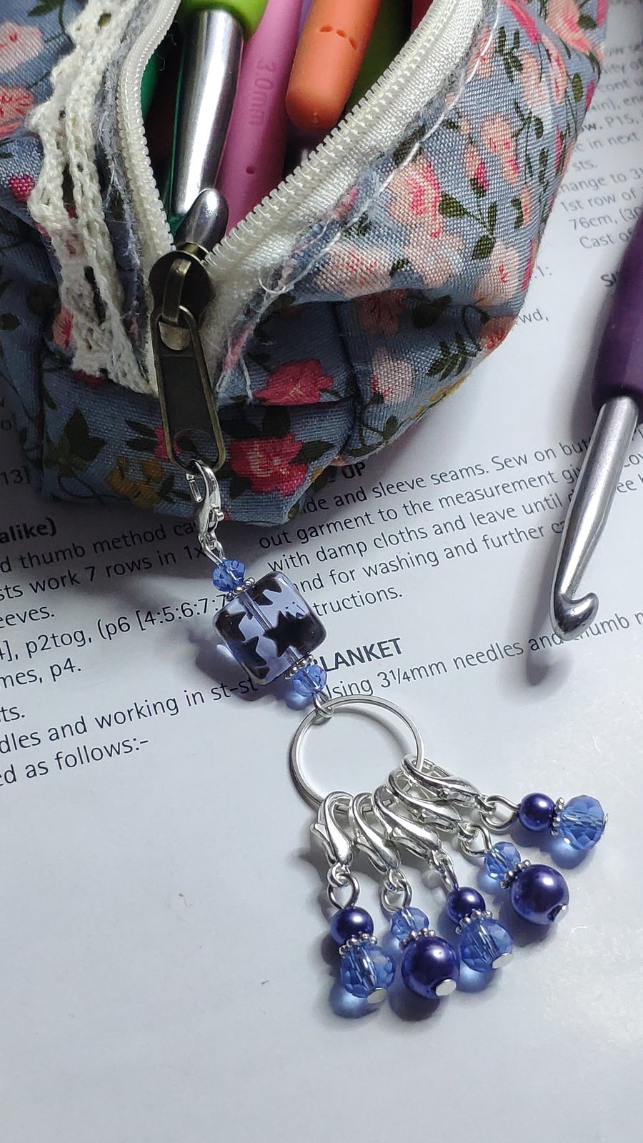 Set of blue stitch markers for crochet