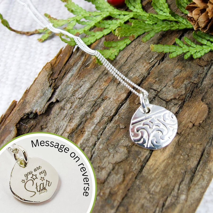 Silver Pebble Necklace. Embossed Pattern with Engraved Message