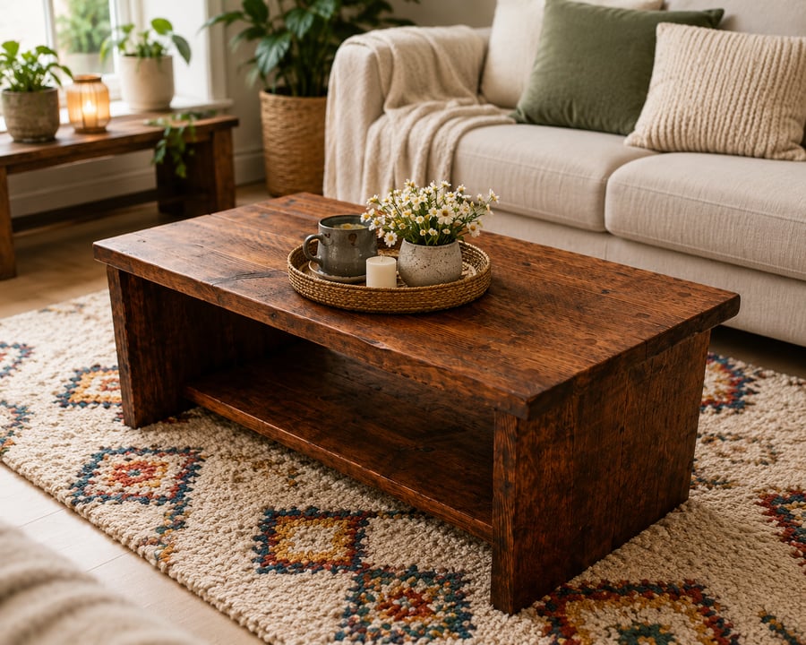 Handmade Rustic Solid Wood Coffee Table Length 90cm