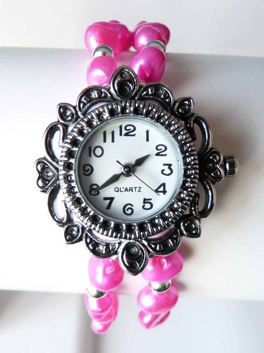 Bright Pink Baroque Freshwater Pearl Bracelet Style Watch - Handmade - Genuine 