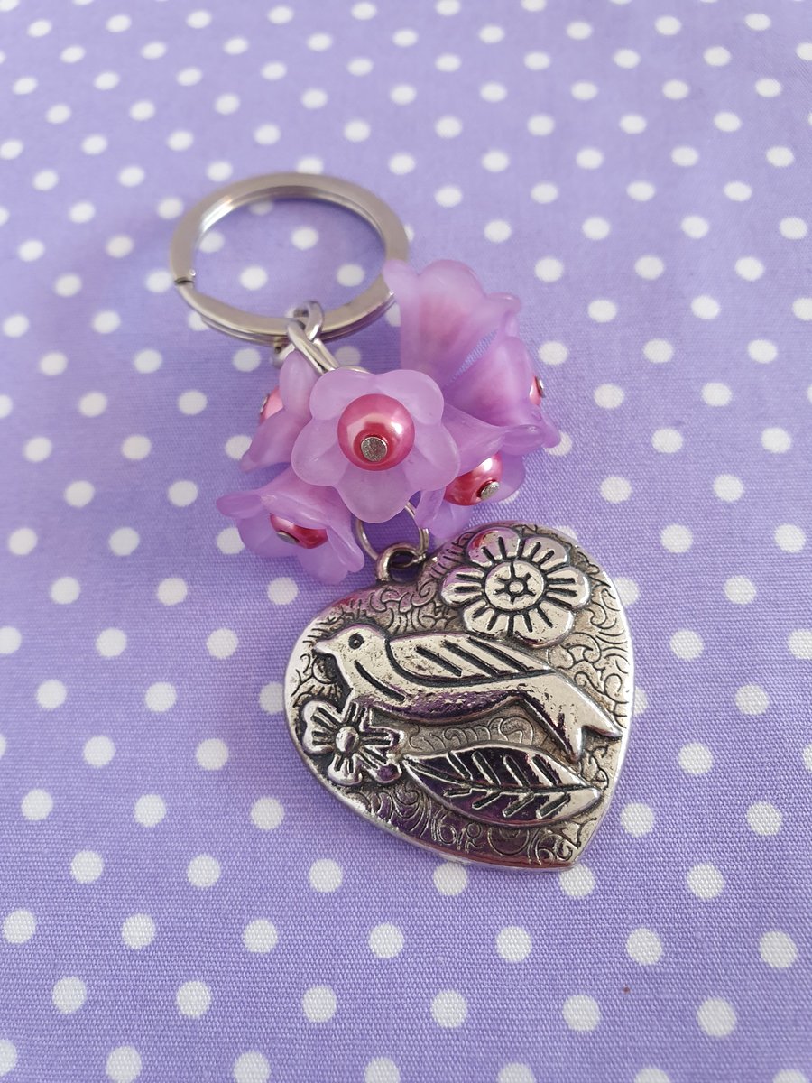 Purple Flower, Bird and Heart Keychain, Keyring, Bag Charm