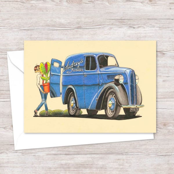 Florist Van Greeting Card: Hand Drawn Pencil Illustration (320)