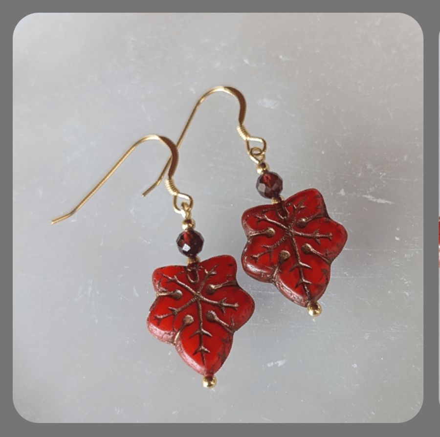 Red Czech Glass Leaf, Garnet and Vermeil Earrings