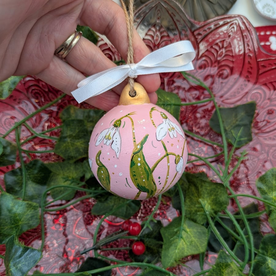 Snowdrop hand-painted pink ceramic Christmas bauble 