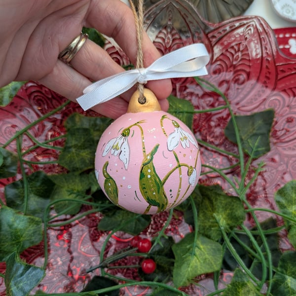 Snowdrop hand-painted pink ceramic Christmas bauble 