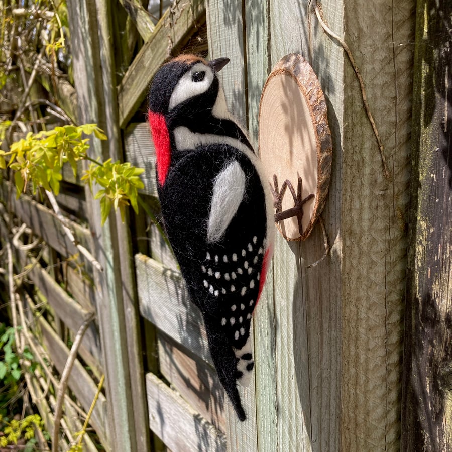 Woodpecker, needle felted model, woollen sculpture, british garden bird
