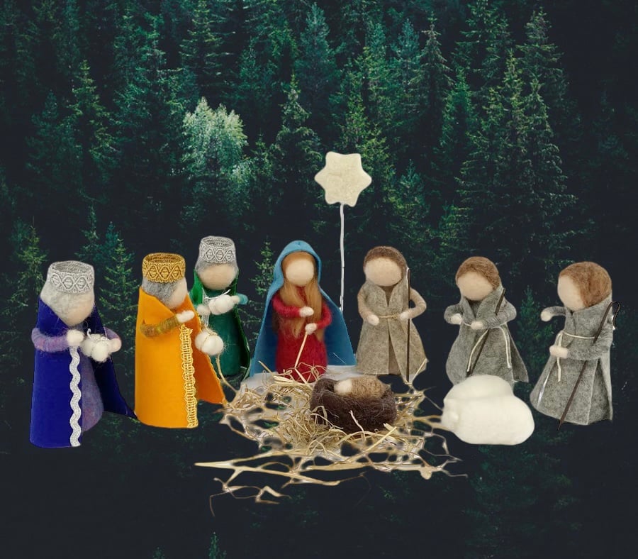 Christmas Nativity set, needle felted woollen figures