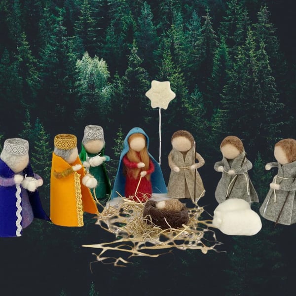 Christmas Nativity set, needle felted woollen figures
