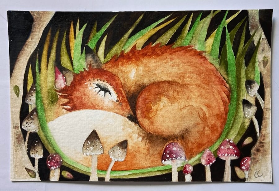 Mounted Original Whimsical Resting Fox Watercolour 