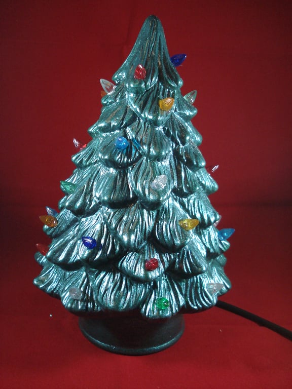 Green Ceramic Glittery Xmas Christmas Tree Table Lamp Light Ornament Decoration.
