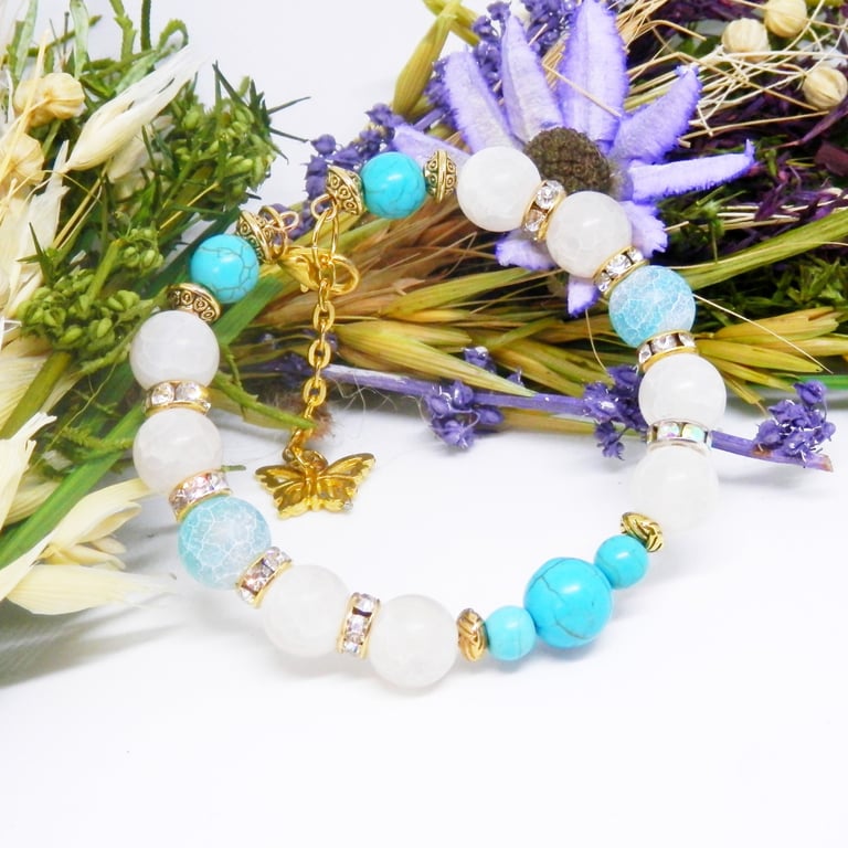 Agate And Synthetic Turquoise Memory Wire Beaded Bracelet