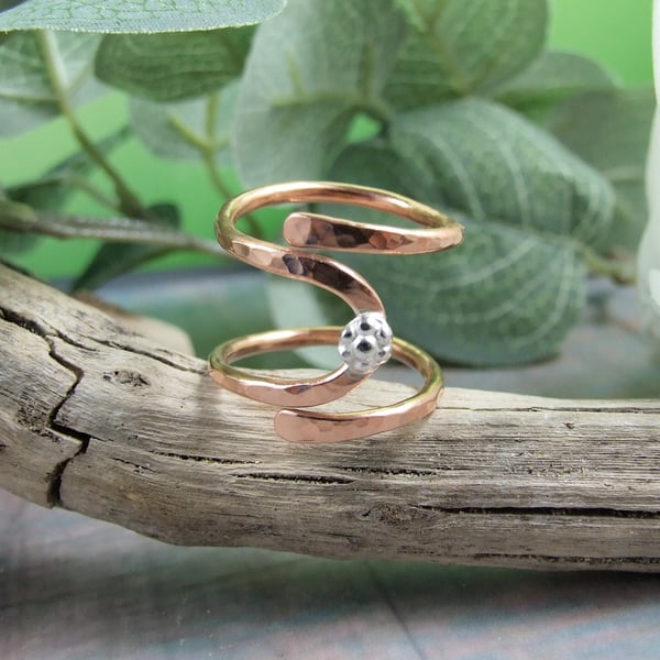 Copper wrap around ring with Sterling Silver Accent. Adjustable fit UK R-T