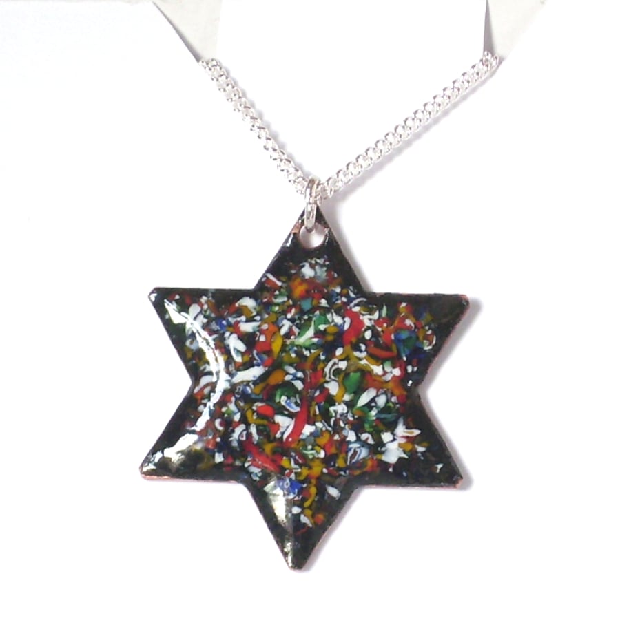 pendant - 6 pointed star; muticoloured enamel chip;  sterling silver chain