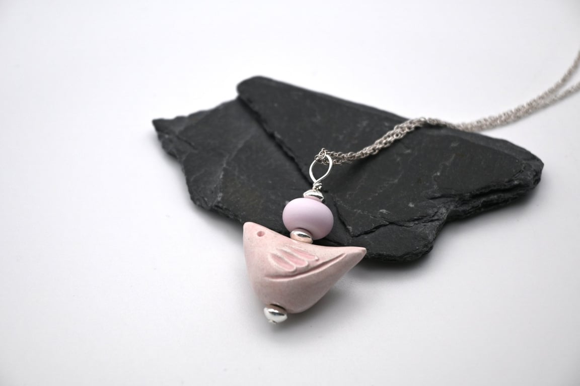 pink lampwork glass and ceramic bird necklace