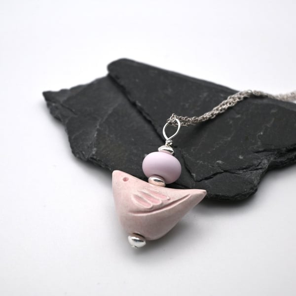 pink lampwork glass and ceramic bird necklace