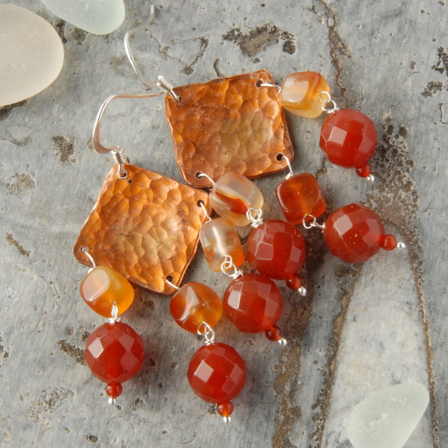 SALE - Autumnal copper and carnelian fringed earrings
