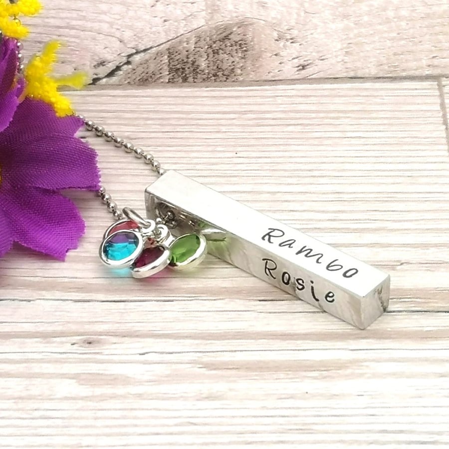 Four Sided Bar Necklace With Birthstone Crystals - Custom Name Pendant