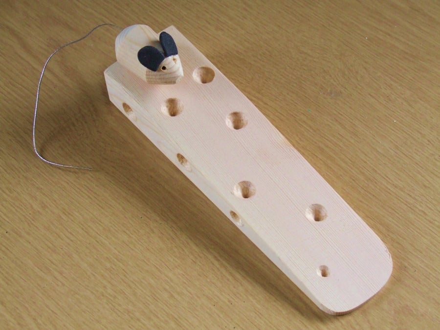 Wooden door wedge in the shape of a slice of cheese with a little mouse.