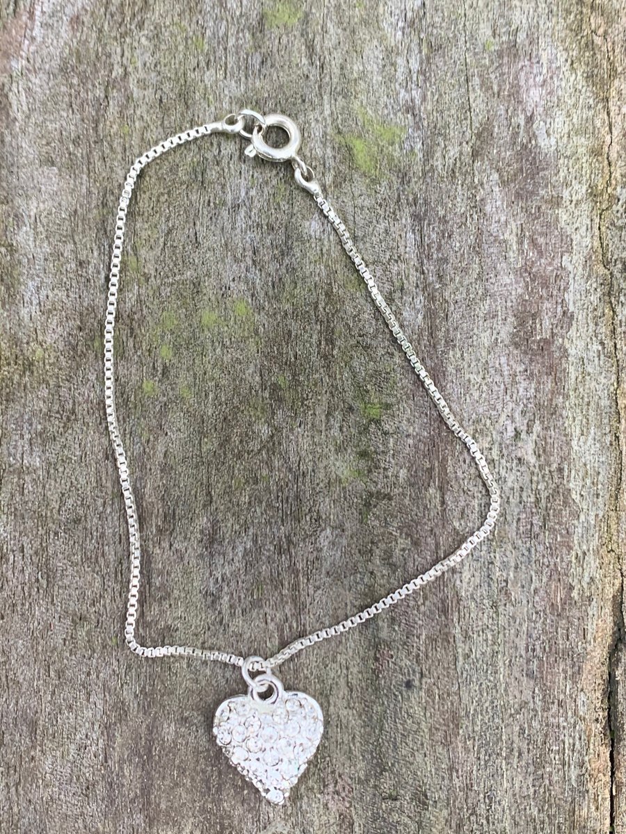 Silver rhinestone heart bracelet