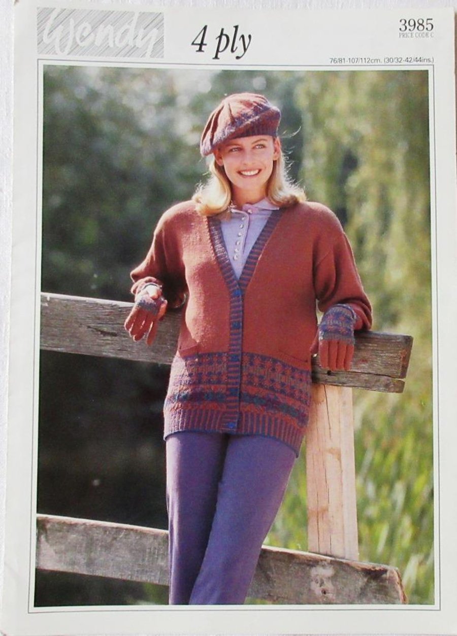 A knitting pattern for a lady's cardigan, beret and gloves in 4 ply yarn (Wendy)