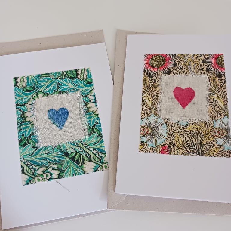 William Morris Fabric Hand Stitched Cards with Hand Painted Hearts - 2 pack