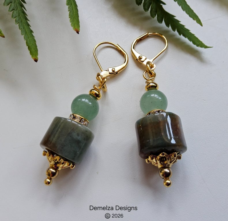 Fancy Jasper & Green Aventurine Huggie Gold Plate Earrings