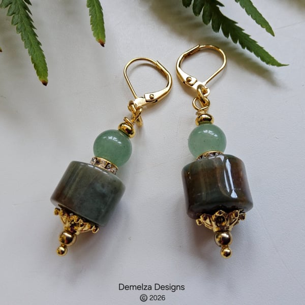 Fancy Jasper & Green Aventurine Huggie Gold Plate Earrings