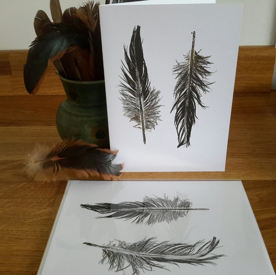 Two all occasion handprinted feather cards