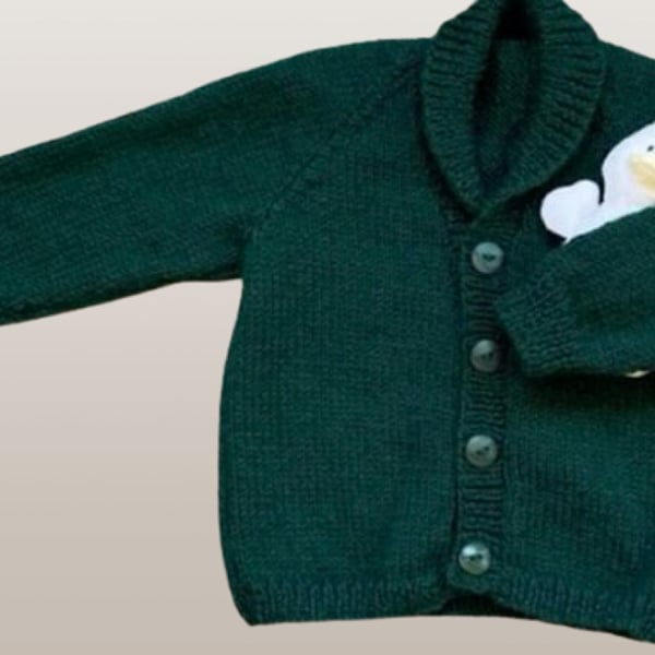 Boys Hand Knitted, Shawl Collar Cardigan in Bottle Green - Fits Age 2-3 years