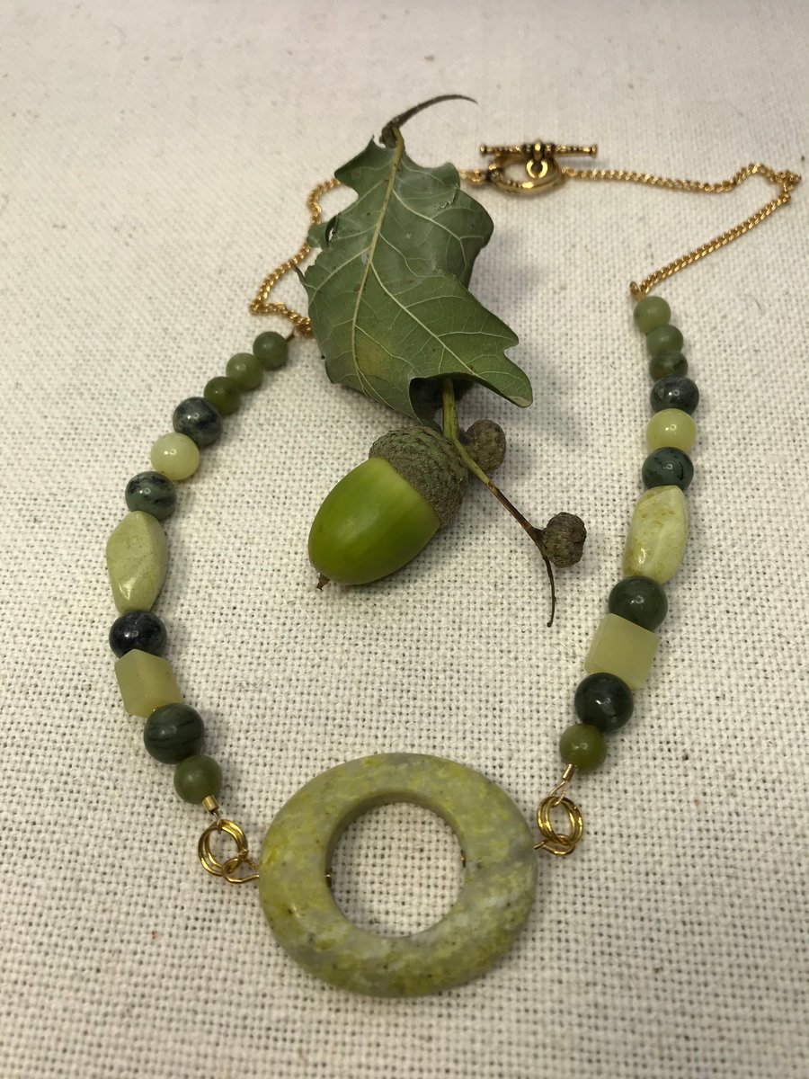 Jade beads & gold plate necklace