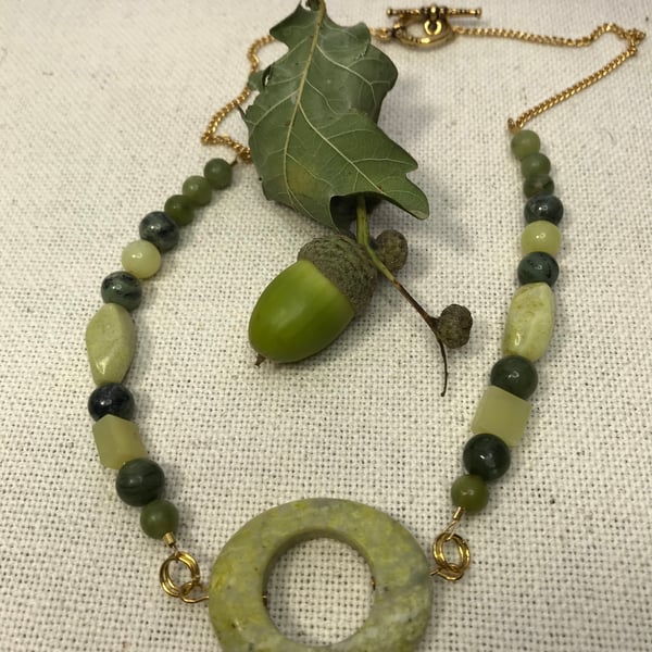 Jade beads & gold plate necklace