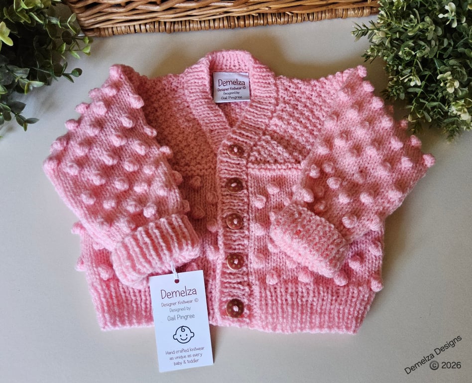  Bobble Design Hand Knitted Baby Girl's Aran Cardigan 6-12 mths size