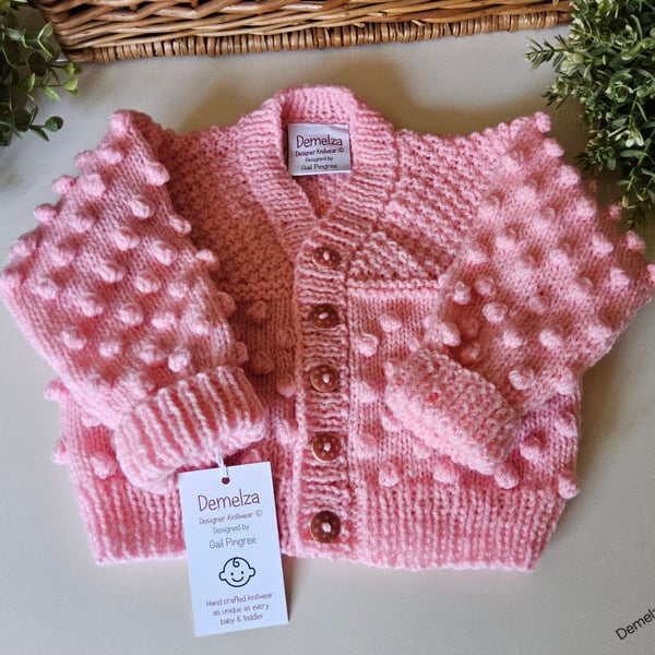  Bobble Design Hand Knitted Baby Girl's Aran Cardigan 6-12 mths size
