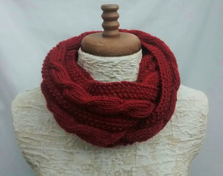 Russet Cowl, Hand Knit, Aran Cable Circular Scarf, Wool and Acrylic Blend