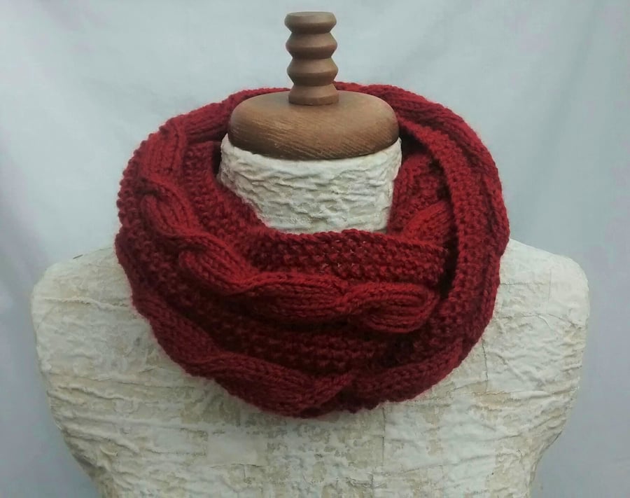 Russet Cowl, Hand Knit, Aran Cable Circular Scarf, Wool and Acrylic Blend