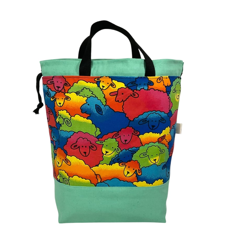 Extra Large canvas drawstring knitting bag with llamas print, many pockets