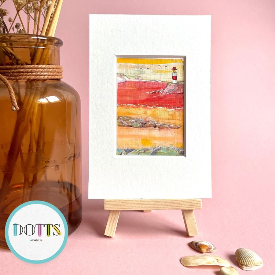 Seaside coastal art - lighthouse - ACEO - art trading card, 2.5 by 3.5 inches