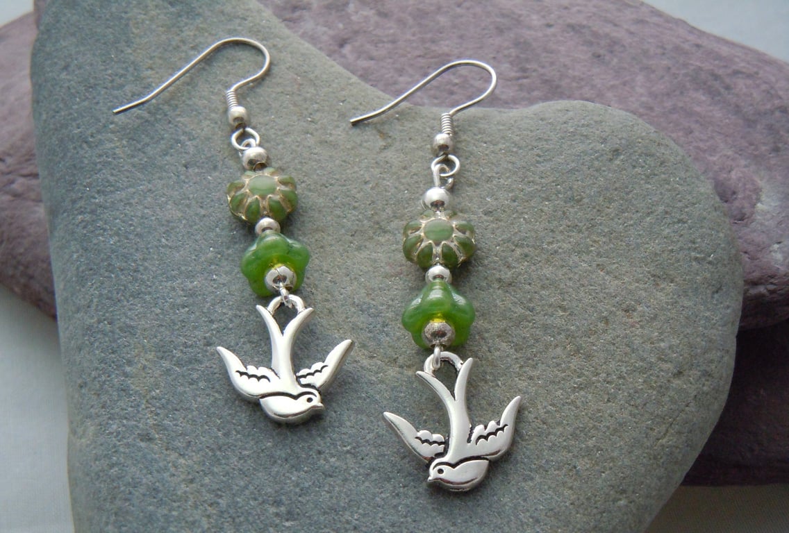 Sterling silver & Czech glass earrings with swallow charm
