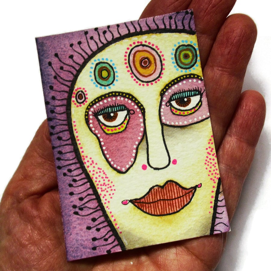 ACEO Portrait Painting Miniature ATC Naive Art Face Eyes Tiny Artwork 