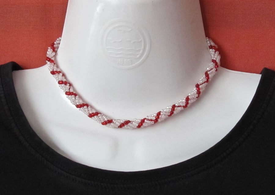 Choker, Bracelet & Earring Set: Silver Lined & Ruby Red Seed Bead Spiral Weave  