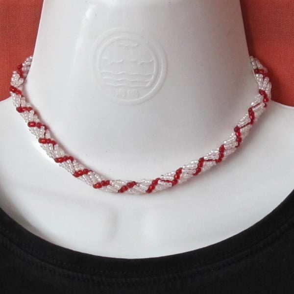 Choker, Bracelet & Earring Set: Silver Lined & Ruby Red Seed Bead Spiral Weave  