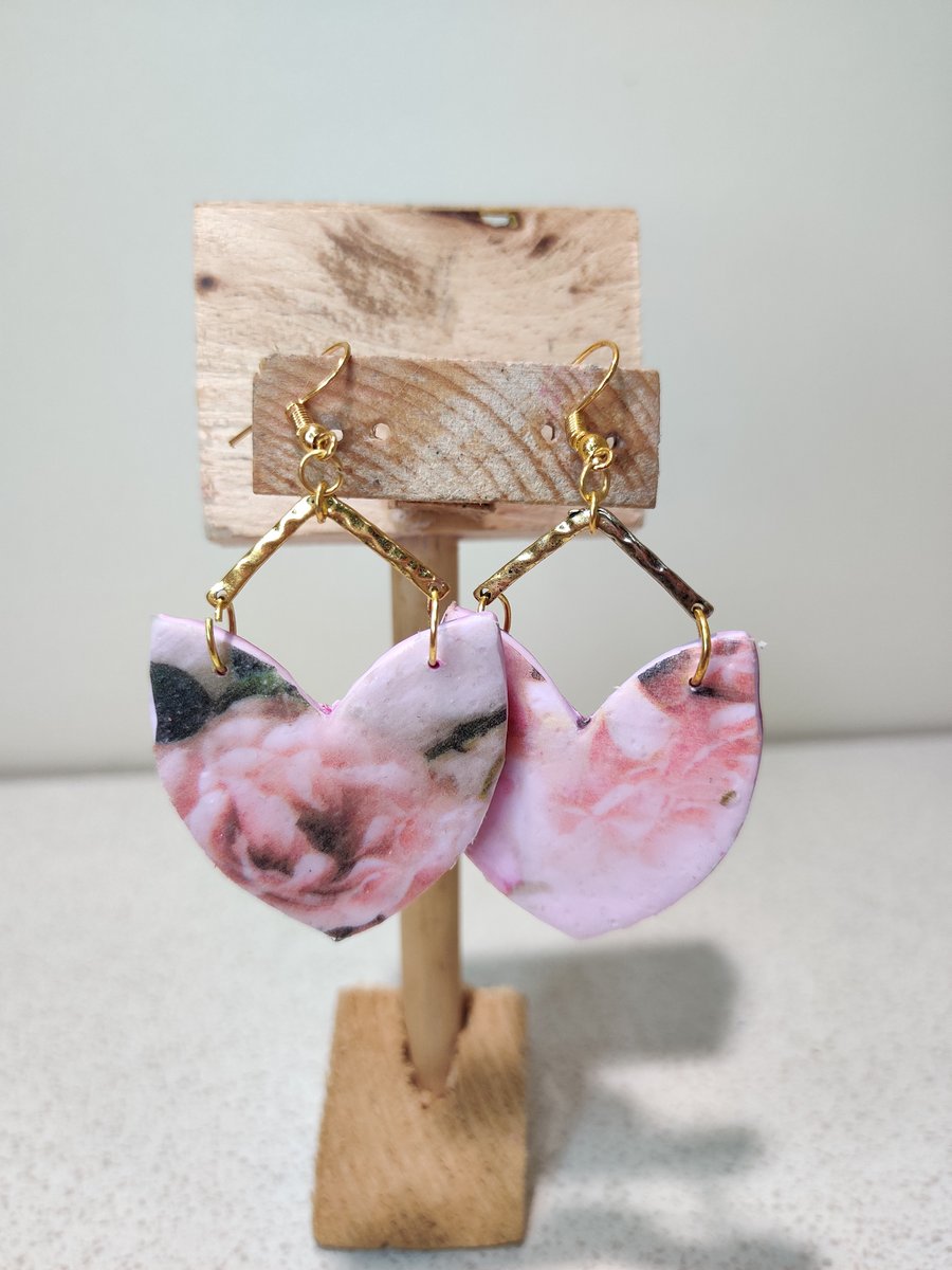 Pink roses floral gold polymer clay earrings