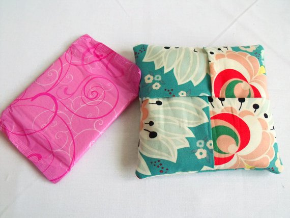 green floral cotton sanitary towel holder, discrete towel pouch for your bag