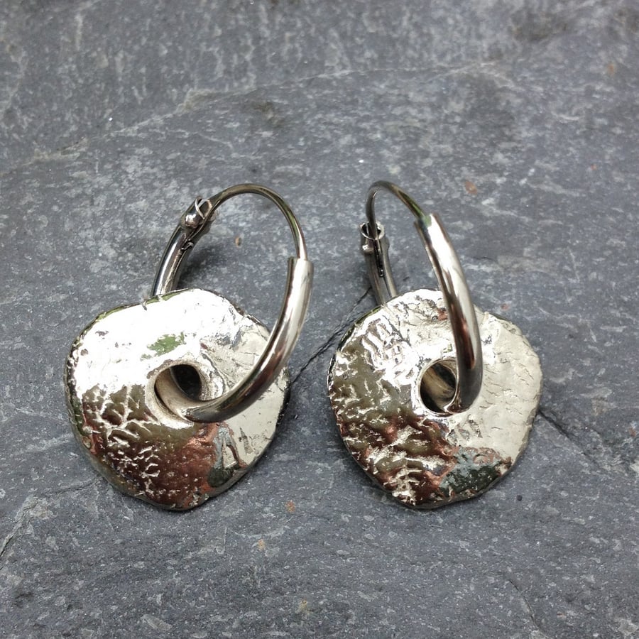 Rustic silver disc hoop earrings