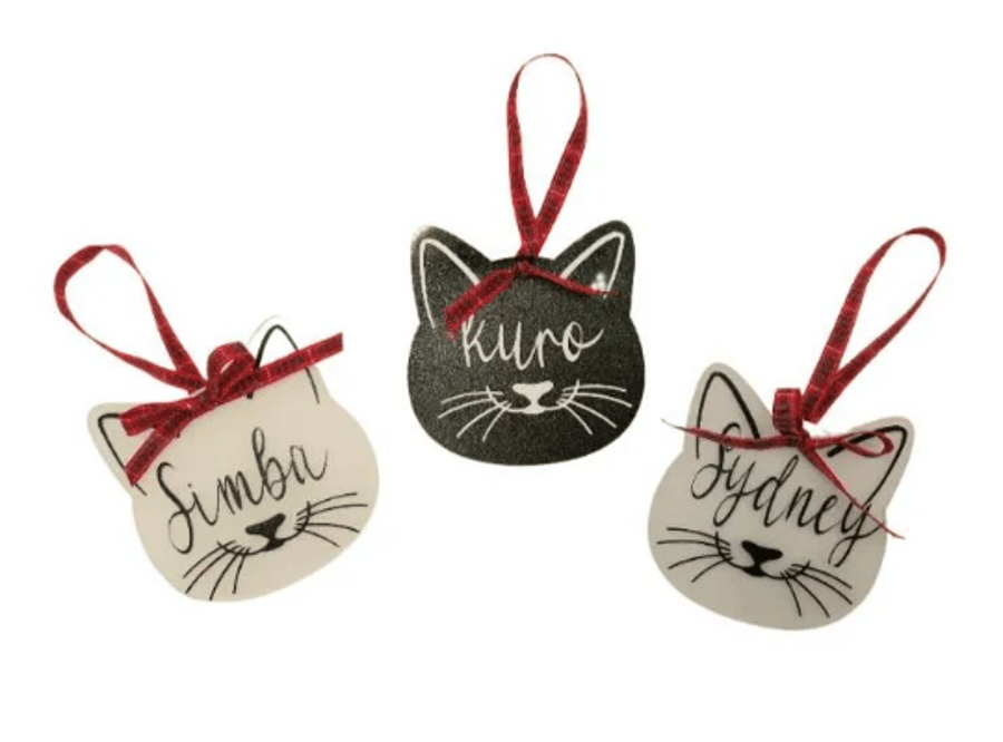 Christmas tree bauble, personalised cat bauble, flat bauble, glitter, new
