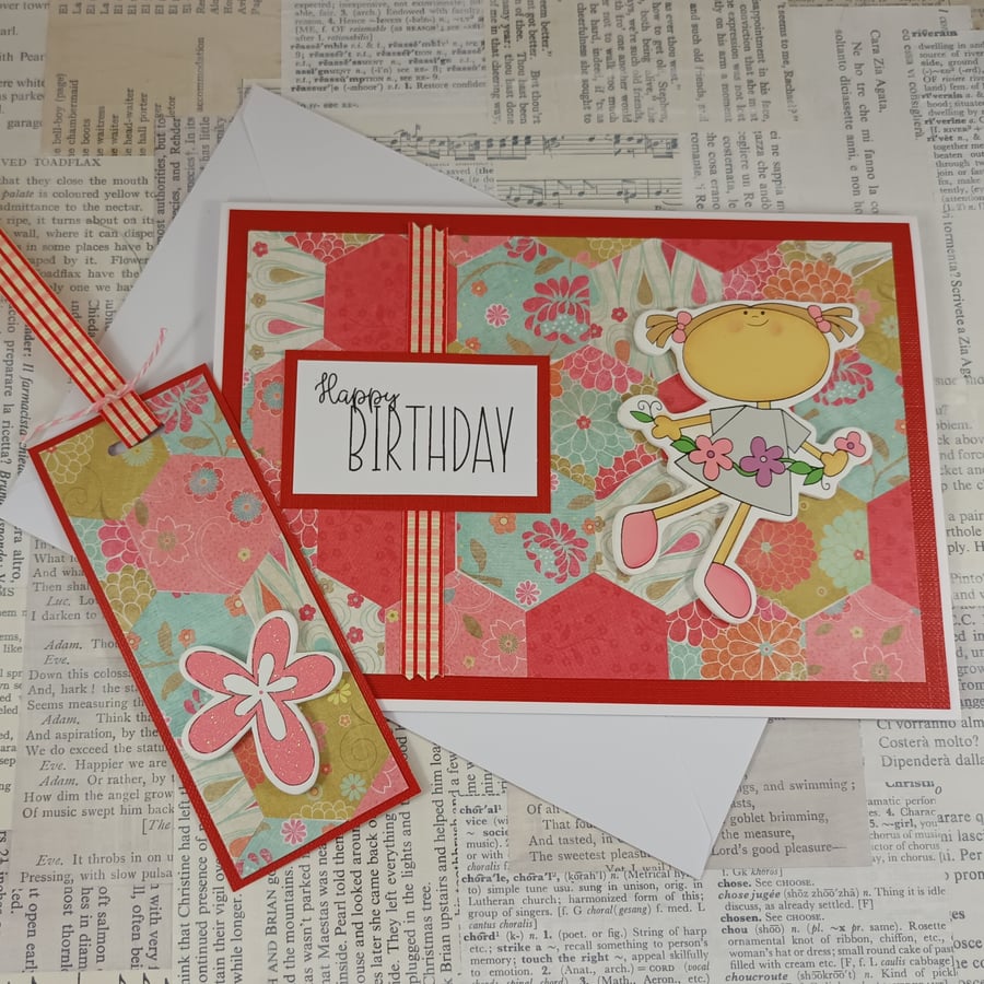 Handmade birthday card and matching gift tag - flower girl