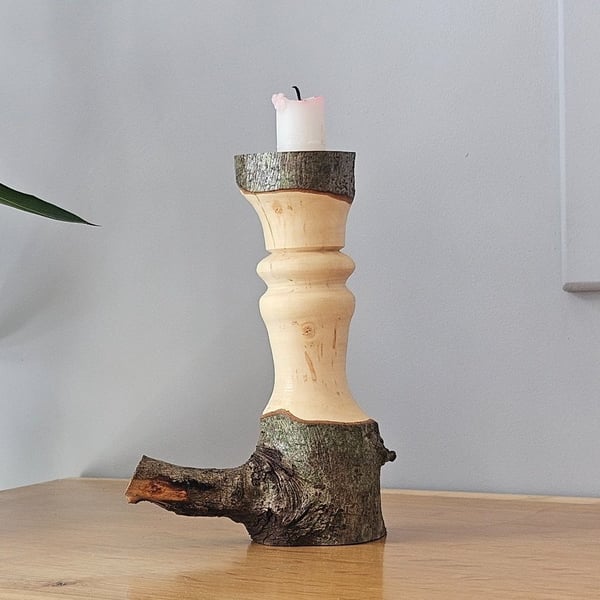 Wood Turned Rustic Hawthorn Candle Holder - Handmade Wooden Home Decor