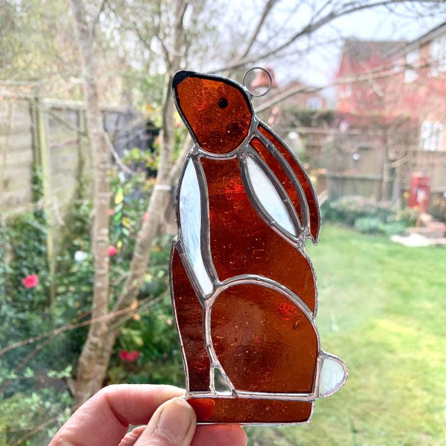 Stained Glass Hare Suncatcher - Handmade Window Decoration -  Amber